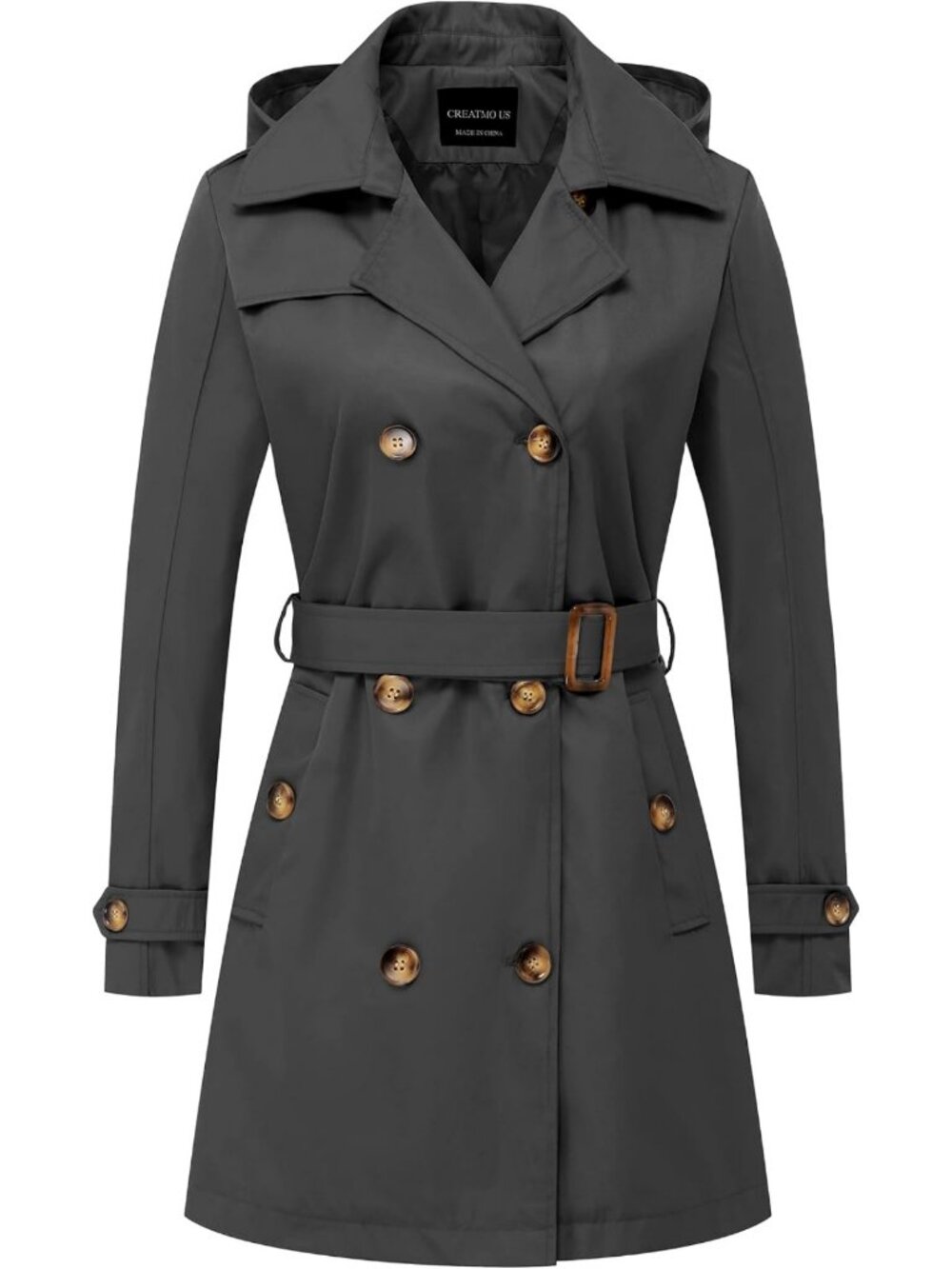 Stylish Women's Double-Breasted Trench Coat with Belt & Detachable Hood, Slim